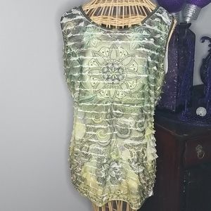 Janeric Medium Bohemian Green and Black Ruffles Sleeveless Top